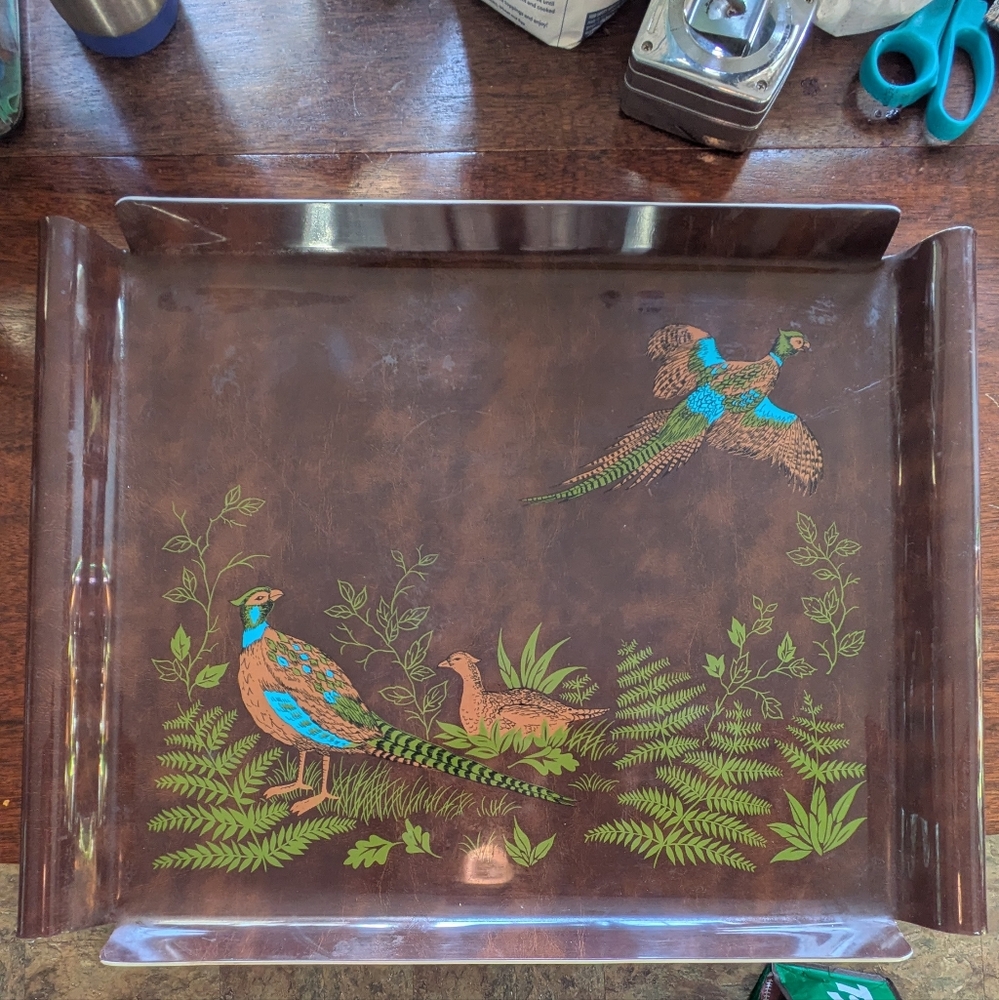 Elegant Brown Tray with Pheasant Bird Design Mid-century Modern MCM Vintage